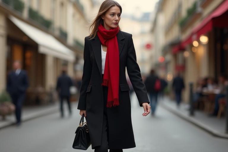 Elegant French woman walking down a Parisian street, showcasing chic fashion.